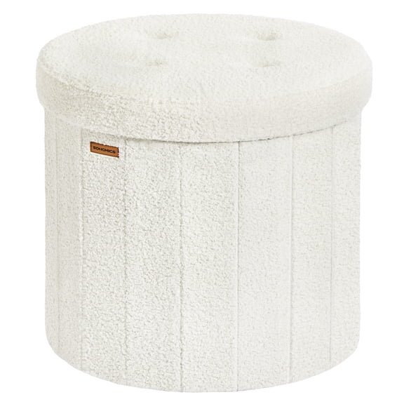Round Storage Ottoman, Folding Footrest Stool with Removable Lid, Teddy Fleece Upholstery for Bedroom Living Room, Cream White