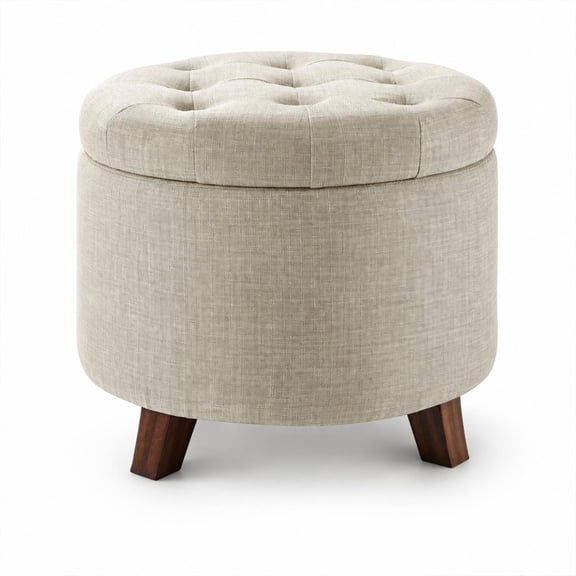 Round Storage Ottoman Foot Rest, Button Tufted Upholstered Footstool with Storage, Sturdy Linen Fabric for Living Room and Bedroom, 20" x 17", Beige