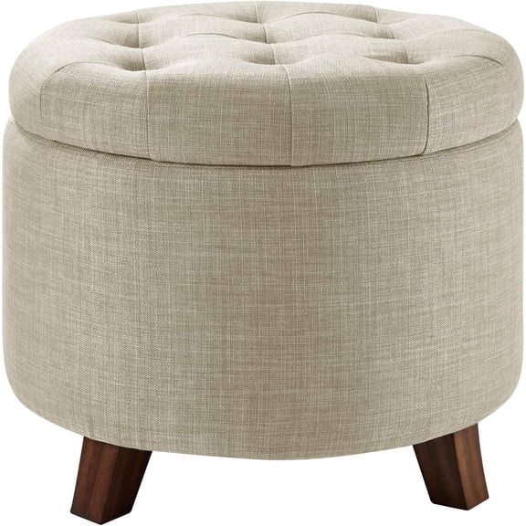 Round Storage Ottoman Foot Rest, Button Tufted Upholstered Footstool with Storage, Sturdy Linen Fabric for Living Room and Bedroom, 20" x 17"