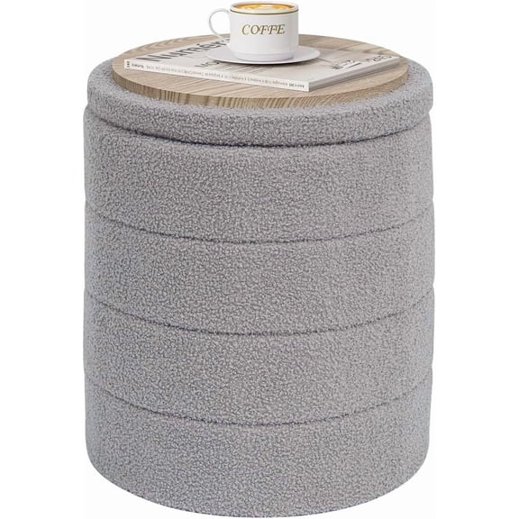 Round Storage Ottoman Foot Rest Stool with Tray Velvet Sherpa Folding Storage Ottoman,Boucle Foot Rest for Living Room, Bedroom, Dorm（Grey）