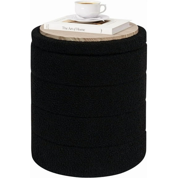 Round Storage Ottoman Foot Rest Stool with Tray Velvet Sherpa Folding Storage Ottoman,Boucle Foot Rest for Living Room, Bedroom, Dorm