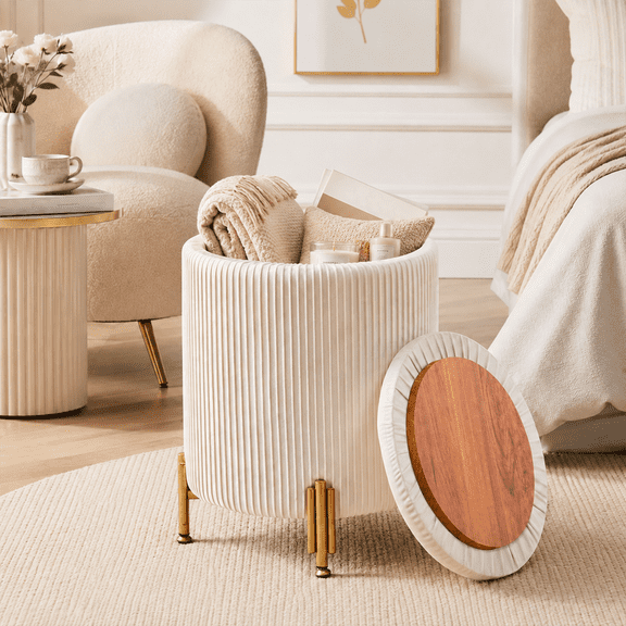 Round Storage Ottoman Foot Rest Stool with Tray Velvet Sherpa Folding Storage Ottoman,Boucle Foot Rest for Living Room, Bedroom, Dorm