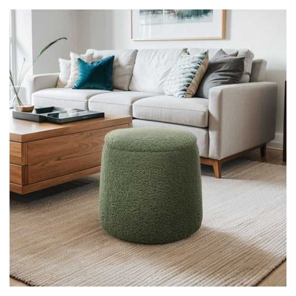 Round Storage Ottoman, Green Boucle Fabric Footrest, 20 Inch Soft Velvet Pouf, Living Room Decor, Hidden Storage, No Assembly Required