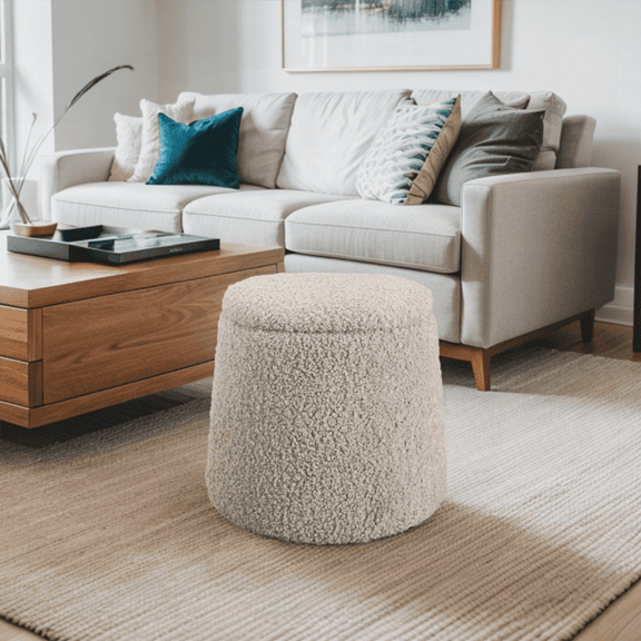 Round Storage Ottoman | High Density Foam | Storage Function | Soft Beige Boucle Fabric | Round Top | No Assembly Required