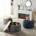 thumbnail image 1 of Round Storage Ottoman, High Quality Fabric Upholstered End Table with Removable Wooden Tray Lid, 2 in 1 Multifunctional Ottoman Coffee Table with for Living Room Bedroom, Navy, 1 of 7