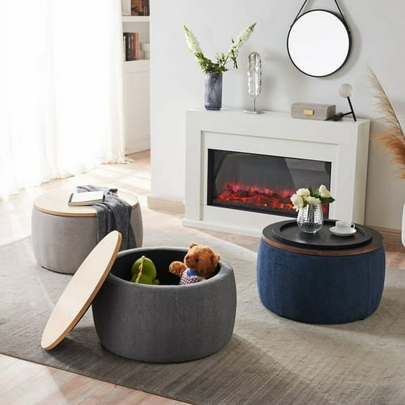 Round Storage Ottoman, High Quality Fabric Upholstered End Table with Removable Wooden Tray Lid, 2 in 1 Multifunctional Ottoman Coffee Table with for Living Room Bedroom, Navy