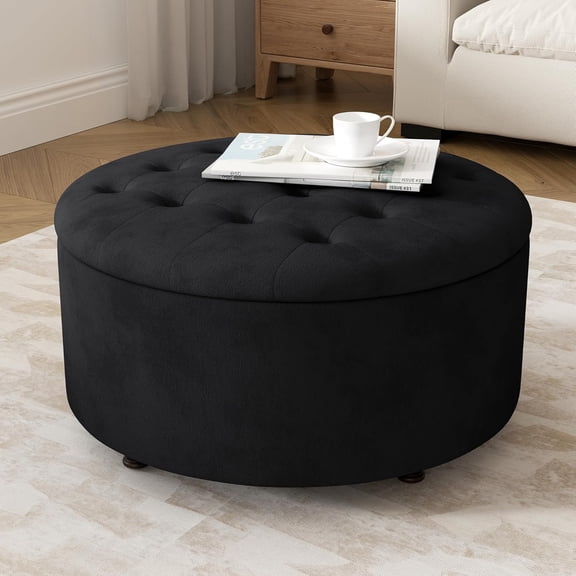 Round Storage Ottoman Modern Tufted Ottomans Circular Coffee Table with Removable Top Upholstered Large Ottoman with Storage Footrest Stool for Bedroom and Living Room