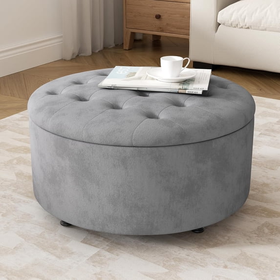 Round Storage Ottoman Modern Tufted Ottomans Circular Coffee Table with Removable Top Upholstered Large Ottoman with Storage Footrest Stool for Bedroom and Living Room