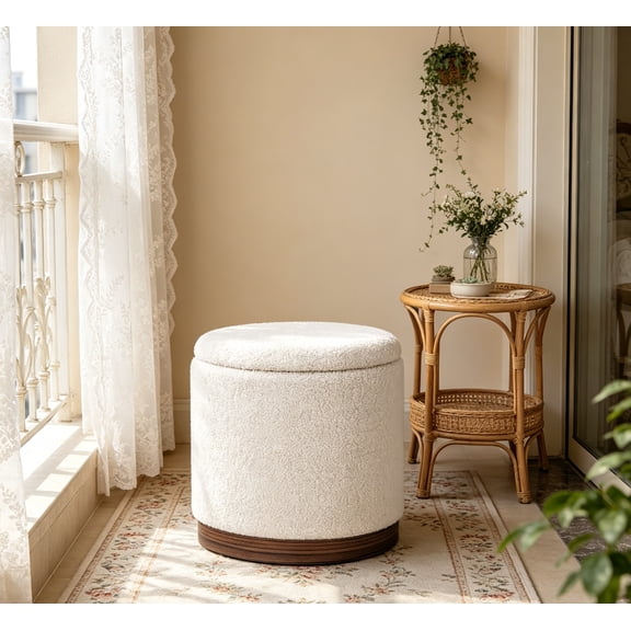 Round Storage Ottoman with Removable Lid, Boucle Small Upholstered Padded Vanity Foot Rest Stool for Living Room, Bedroom, Dorm, White with Walnut Wood Grain Trim
