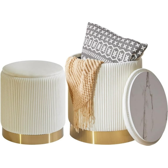 Round Storage Ottoman Set of 2 Ottoman for Dorm Vanity Stool with Storage Velvet FootStools End Table Boucle Ottoman for Home Organization White UWBD016W