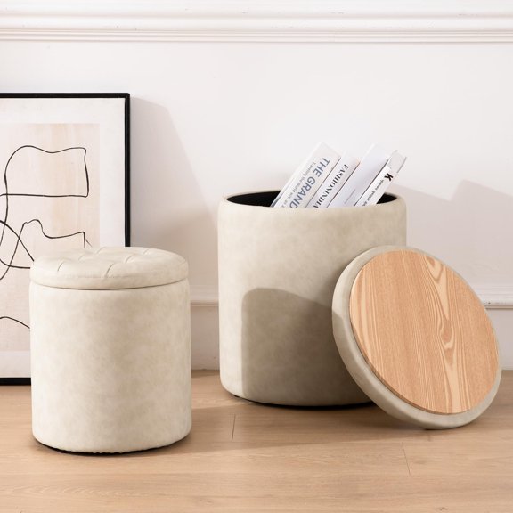 Round Storage Ottoman Set Of Two Faux Leather Button Tufted Ottoman Foot Rest Stool Reversible Tray Lid Unit Container Vanity Stool Coffee Table Living Room Bedroom14.8"D x 14.8"W x 17.3"H