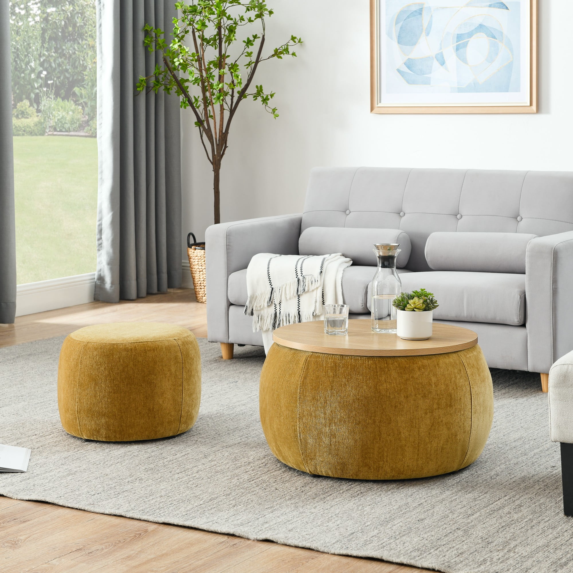 Round Storage Ottoman Set of 2,End table and Ottoman with Small Seat,Footstools for Bedroom,Living Room,Dark yellow