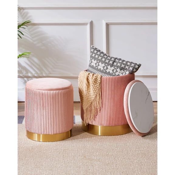 Round Storage Ottoman Set of 2 Velvet Footstools with Metal Rings for Dorm Home Organization Pink