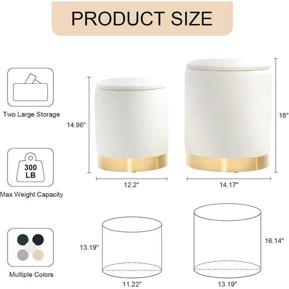 Round Storage Ottoman Set of 2, Velvet Upholstered Footstool with Lid for Living Room Bedroom Vanity Stool Coffee Table