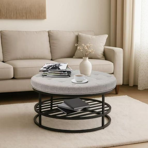 Round Storage Ottoman - Stylish Farmhouse Coffee Table with Sturdy Metal Shelf & Soft Tufted Fabric - 36 Inches Large Center Table for Living Room & Bedroom Foot Rest Grey