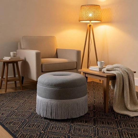 Round Storage Ottoman with Tassel Fringe, 23.2" Grey Upholstered Footstool with Hidden Storage, 300 lbs Capacity Circular Foot Rest Stool for Living Room, Bedroom, Entryway