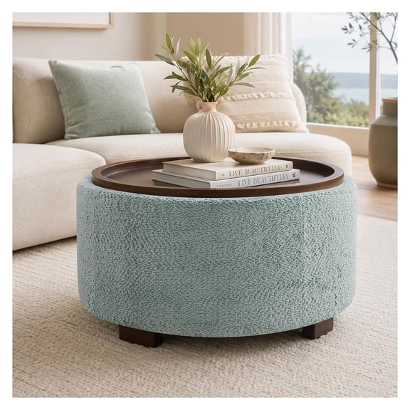 30" Round Chenille Storage Ottoman Coffee Table with Removable Tray Top, Large Storage Ottoman, Solid Wood Legs for Living Room, Bedroom, Apartment (Teal)