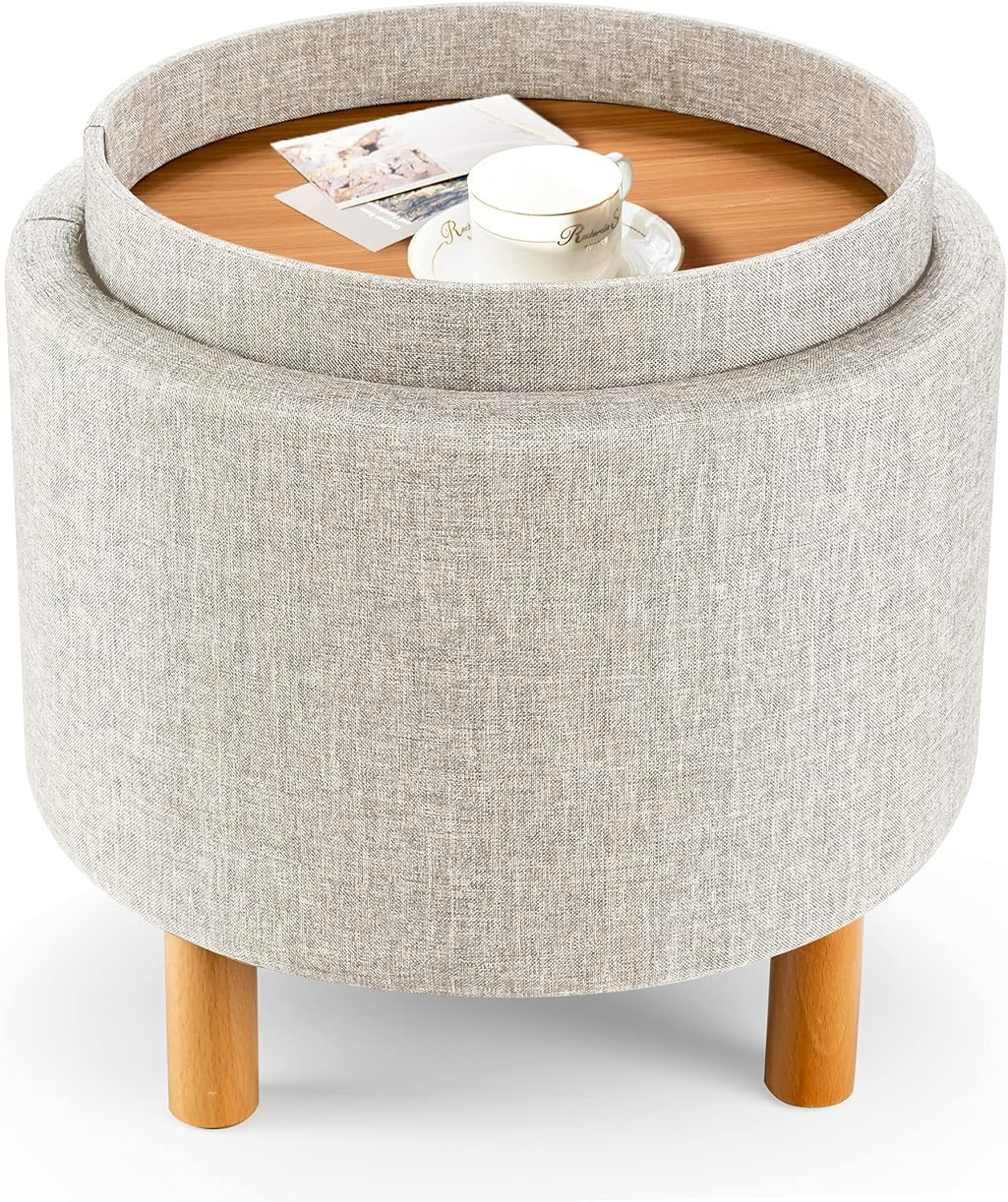 Beige Round Storage Ottoman with Tray and Wood Legs