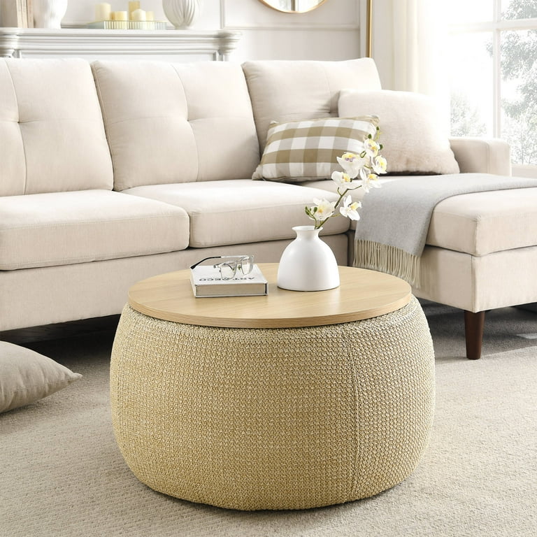 Round Storage Ottoman, Upholstered Coffee Table with Wooden Lid,
