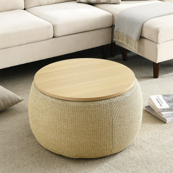 Round Storage Ottoman, Upholstered Coffee Table with Wooden Lid, 2 in 1 Function End Table Footstool for Living Room Office, Work as Side Table & Ottoman & Seat, Natural, 25.5''x25.5''x14.5''