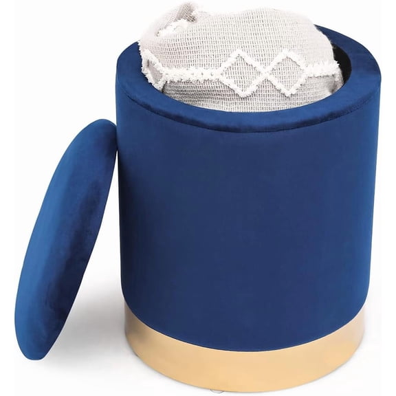 Round Storage Ottoman, Upholstered Velvet Vanity Ottoman Stool with Gold Trim Small Modern Footrest for Living Room Bedroom(Blue,Storage,12"16.5")