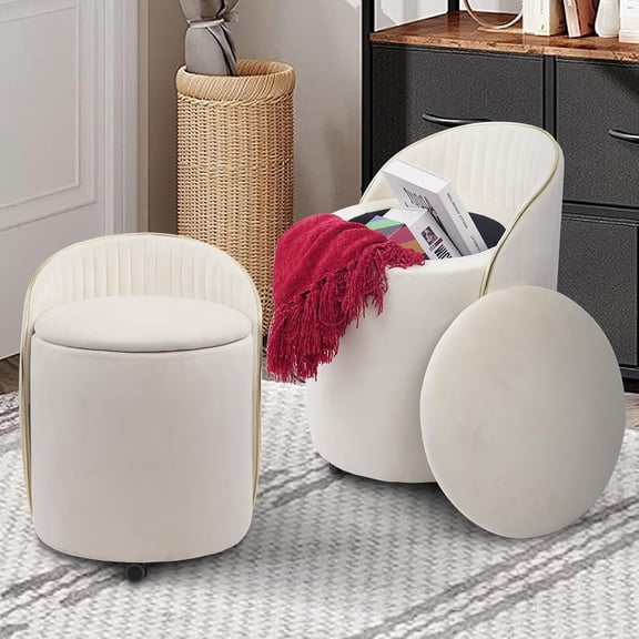 Round Storage Ottoman, Upholstered Velvet Vanity Stool with Lumbar Support, Swivel Rolling Wheels, Small Foot Stools Coffee Table Padded Seat for Makeup Room, Bedroom Beige, Living Room, 1PK