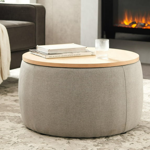 Round Storage Ottoman, Versatile 2-in-1 End Table and Footstool, Compact Coffee Table or Side Table with Ample Storage for Living Room, Office, Small Spaces