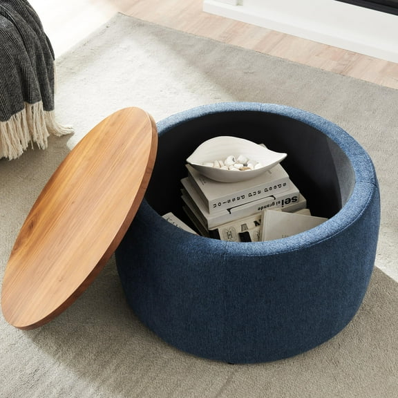 Round Storage Ottoman, Versatile 2-in-1 End Table and Footstool, Compact Coffee Table or Side Table with Ample Storage for Living Room, Office, Small Spaces