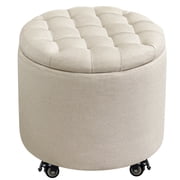 Round Storage Ottoman with Wheels,18.1 Inch Linen-Look Upholstery Button Tufted Ottoman Footstools Ottomans with Removable Lid, Storage Footstool for Living Room, Bedroom, Makeup Room, Beige