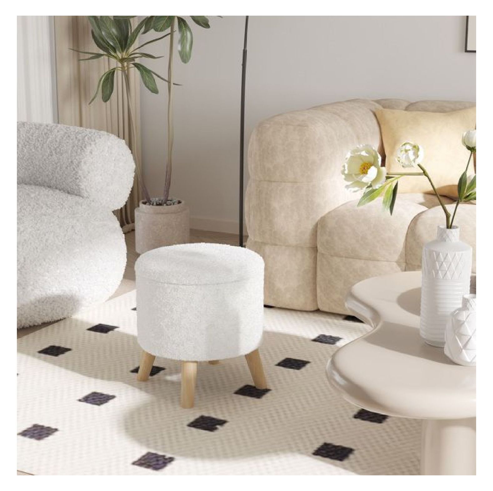 Round Storage Ottoman, White Linen Footrest Stool - Multifunctional ...