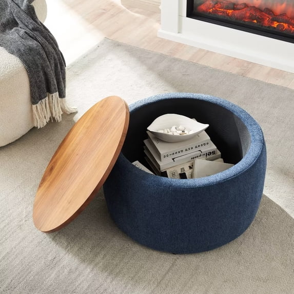 Round Storage Ottoman with Wooden Lid, 3 in 1 Function Ottoman Coffee Table Side Table, Handmade End Table Ottoman Footstool for Living Room, Bedroom,Navy
