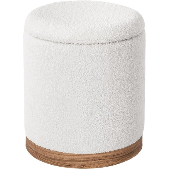 Round Storage Ottoman for Living Room, Small Velvet Vanity Stool with Light-Ebony Grim, White