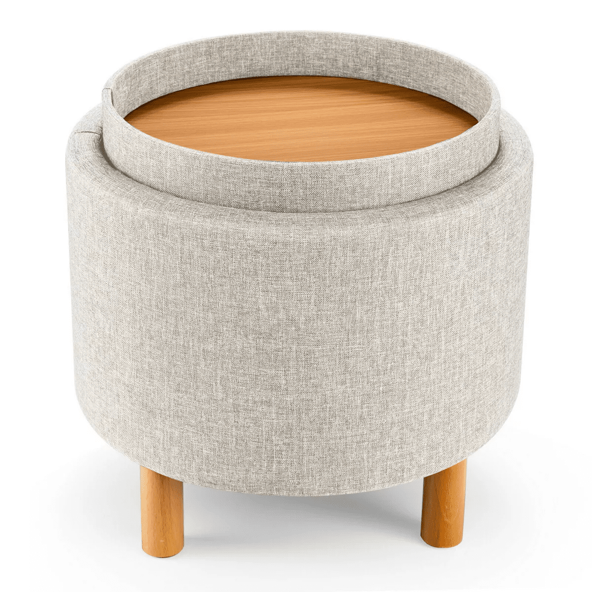 Beige Round Storage Ottoman with Tray and Wood Legs