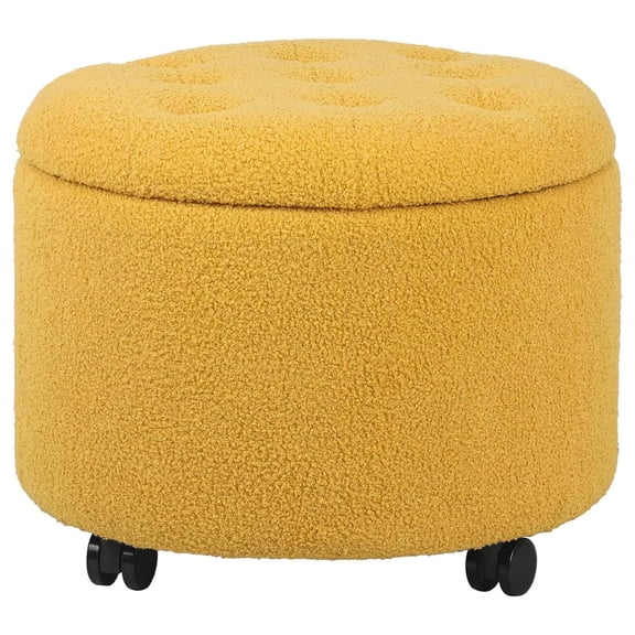 Round Storage Ottoman with Casters, Teddy Velvet Button Tufted Foot Rest Stool for Living Room Bedroom, Yellow