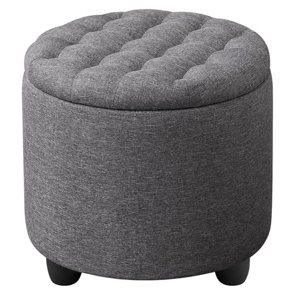 Round Storage Ottoman with Cover Lid, Tufted Round Ottoman with Storage Linen Fabric Ottomans for Living Room Bedroom Dorm (Dark Gray)