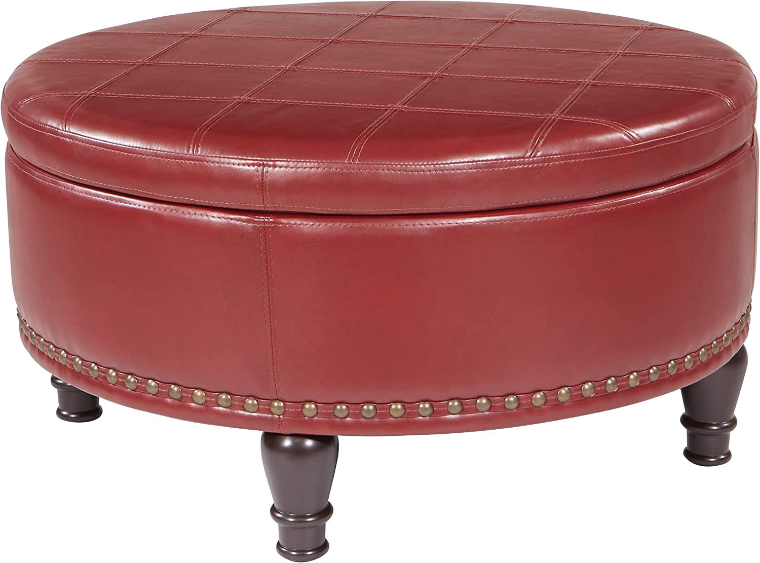 Round Storage Ottoman with Decorative Nailheads and Flip Over Lid with
