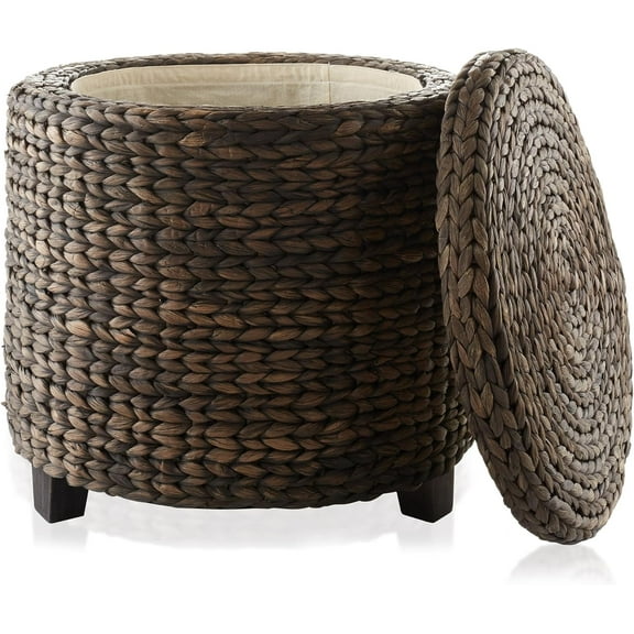 Round Storage Ottoman with Lid -  Handwoven Water Hyacinth Footstool for Living Room, Bedroom, Bathroom, Home Office