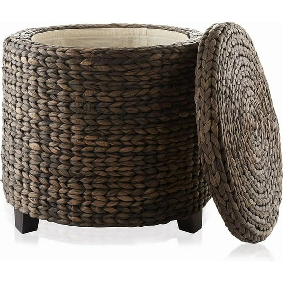 Round Storage Ottoman with Lid - Natural, Handwoven Water Hyacinth Footstool for Living Room, Bedroom, Bathroom, Home Office