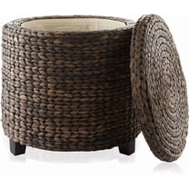Round Storage Ottoman with Lid - Natural, Handwoven Water Hyacinth Footstool for Living Room, Bedroom, Bathroom, Home Office