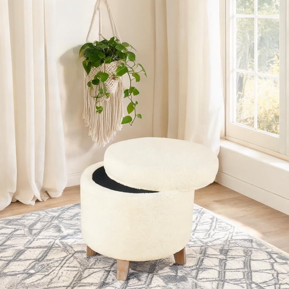 Round Storage Ottoman with Lift-Off Lid, Beige Faux Sheepskin, Rich Brown Wood Legs, 19 Inch