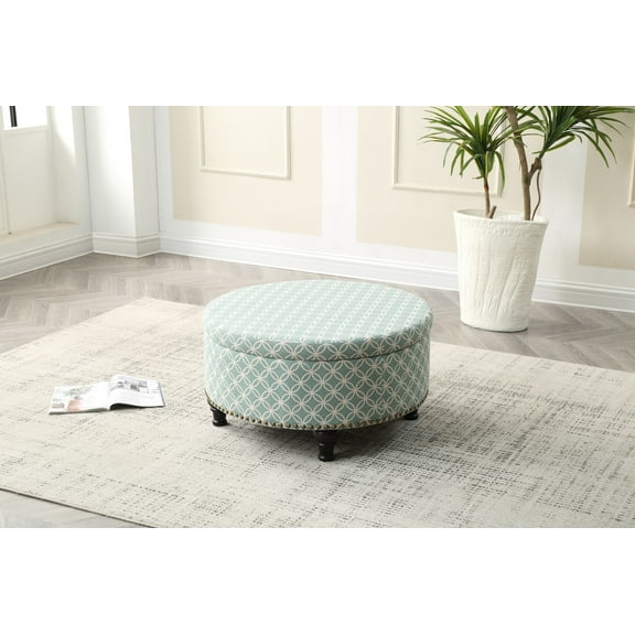 Round Storage Ottoman with Nailhead, Geometric