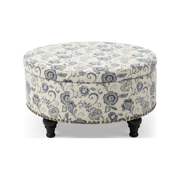 Round Storage Ottoman with Nailhead, Paisley