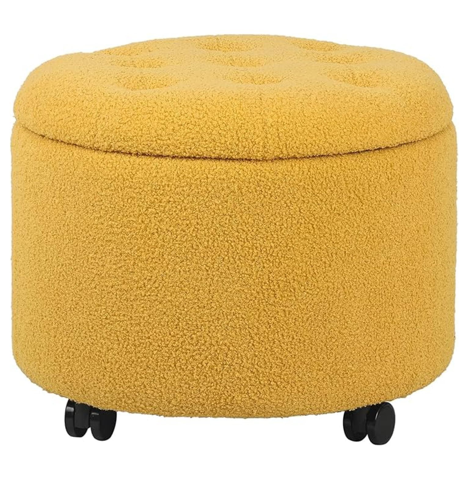 Round Storage Ottoman with Rolling Wheels, Teddy Foot Rest Stool Tufted Footstool for Living Room, Bedroom, Dorm, Yellow