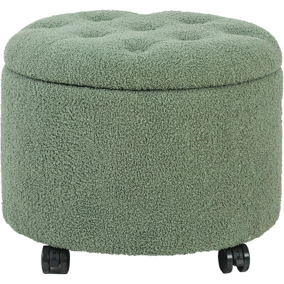 Round Storage Ottoman with Rolling Wheels, Teddy Velvet Foot Rest Stool Tufted Footstool for Living Room, Bedroom, Dorm, Green