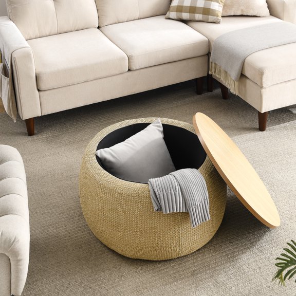 Round Storage Ottoman with Wooden Lid, 2 in 1 Function Circle Handmade Coffee Table, Ottoman with Storage Toy Box End of Bed Storage Bench, Natural