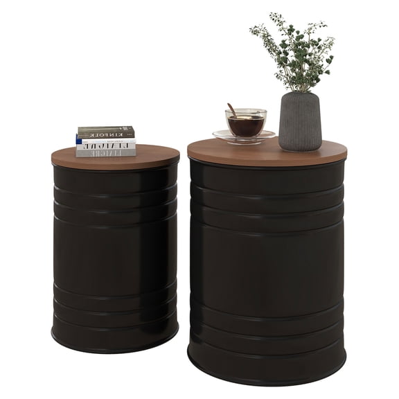 Round Storage Ottomans Set of 2, Nesting Ottoman with Wooden Lid, Metal Frame, Hidden Storage for Living Room & Bedroom