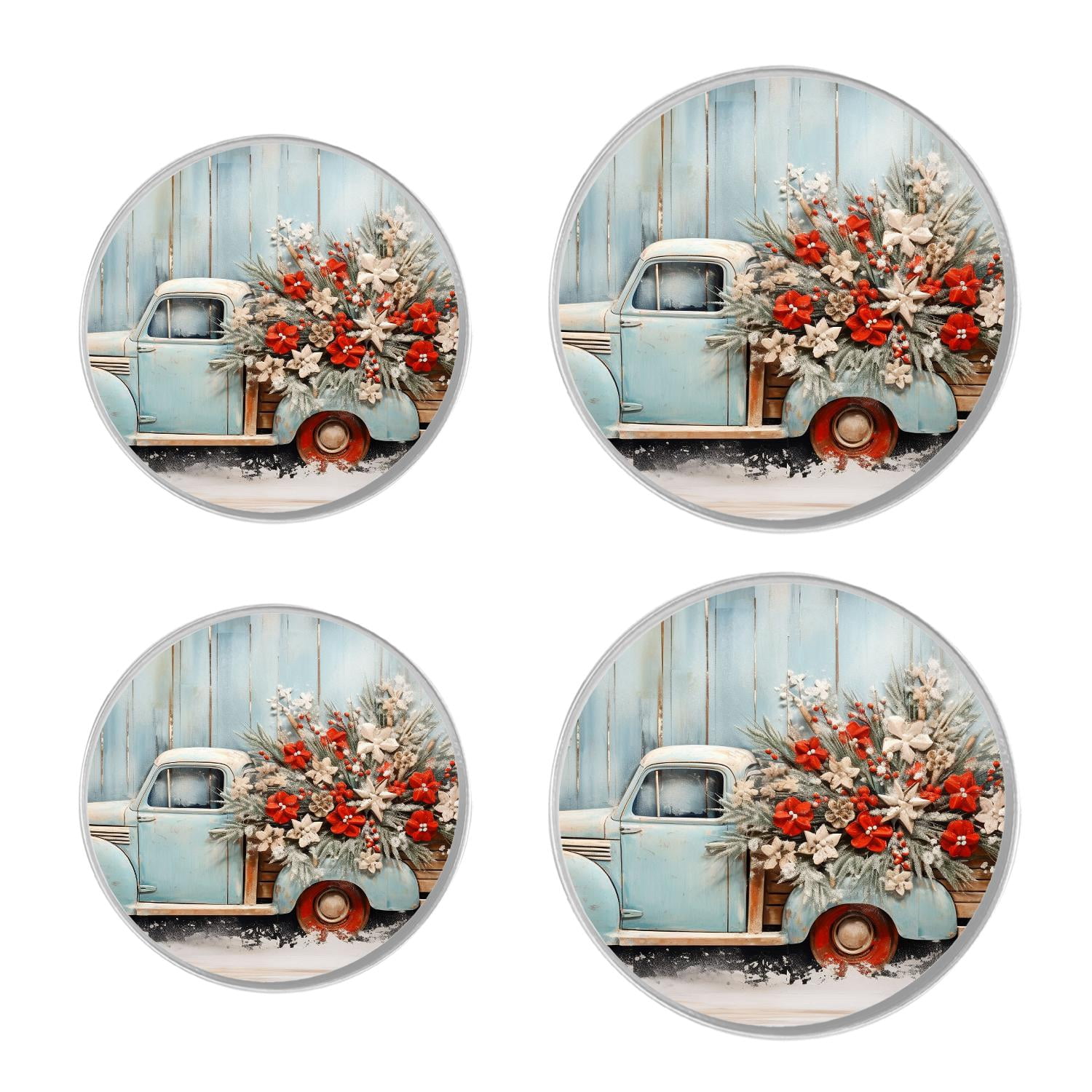 Round Stove Burner Covers 4 Pcs Metal Electric Stove Burner Covers 8Inch And 10Inch ,Blue Wooden Christmas Truck Poinsettia illustration