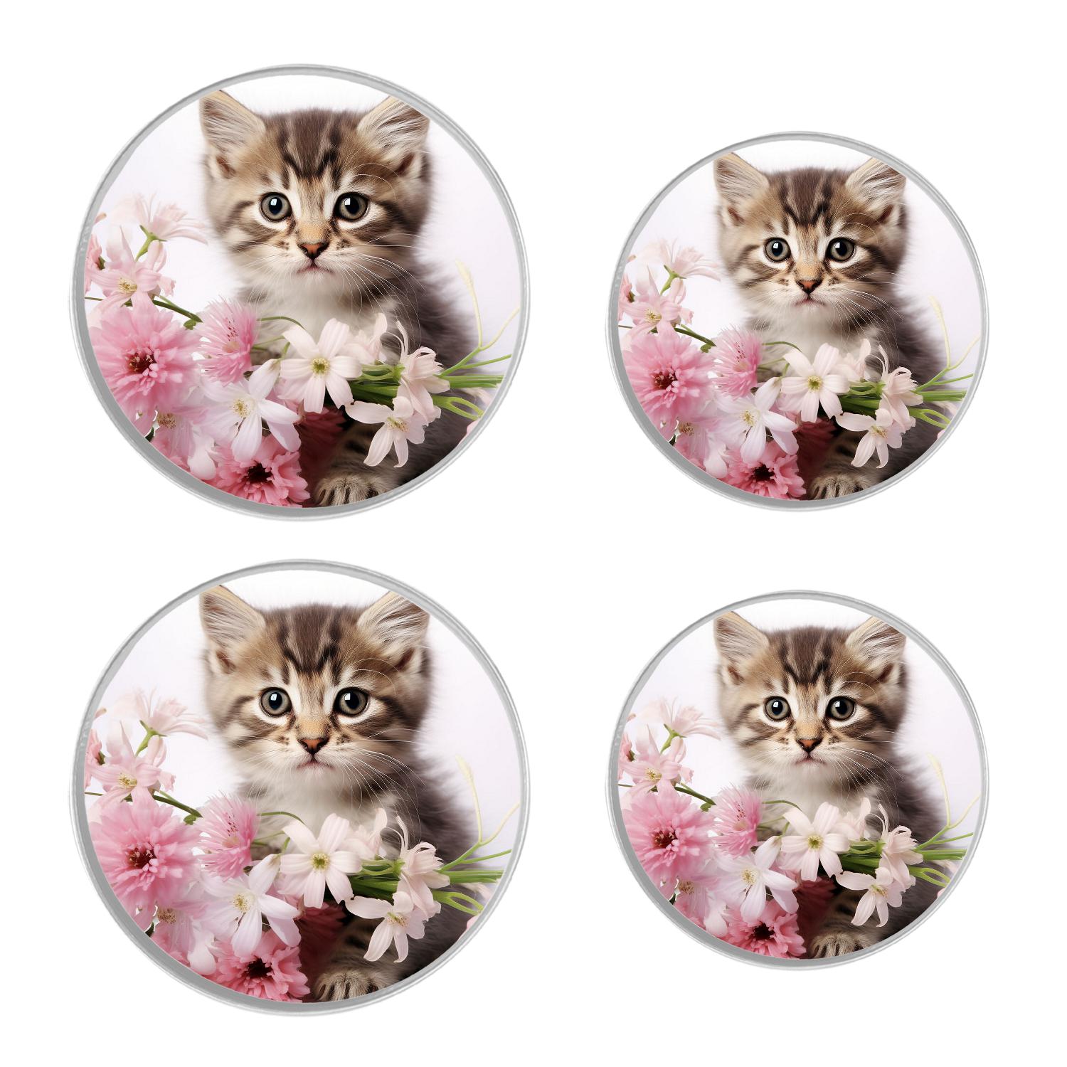 Round Stove Burner Covers 4 Pcs Metal Electric Stove Burner Covers 8Inch And 10Inch ,Cat Kitten with Flower Painting