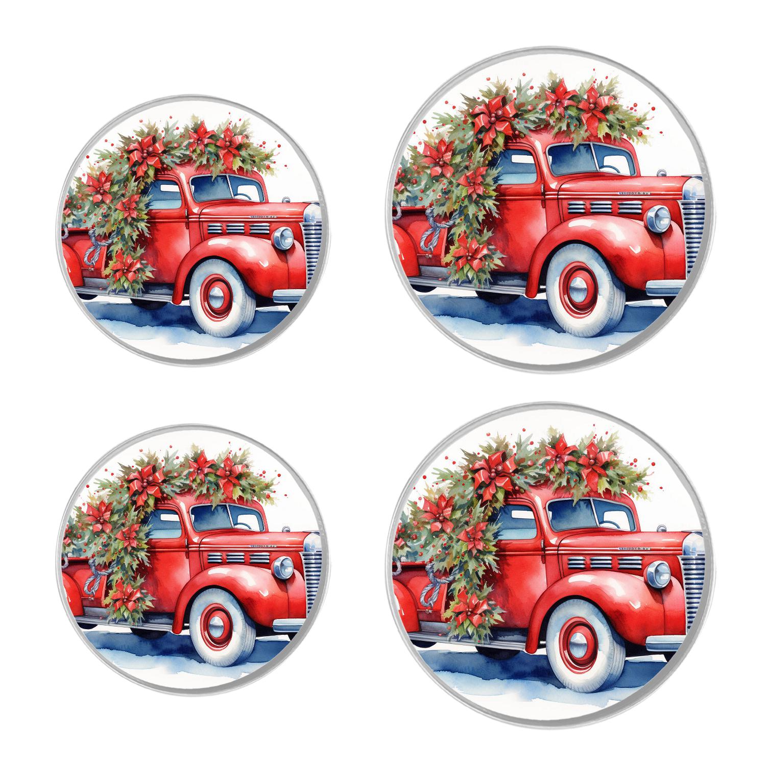 Round Stove Burner Covers 4 Pcs Round Gas Stove Burner Cover 8Inch And 10Inch for ,Blue Wooden Christmas Truck Poinsettia Elegant