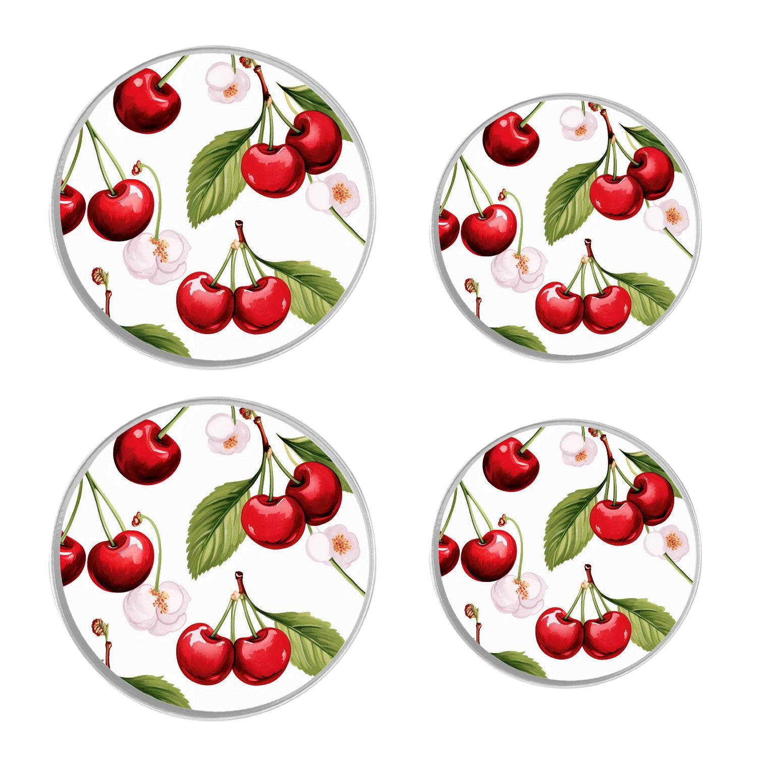 Round Stove Burner Covers 4 Pcs for Home Decor Cooktop Decorative ,Red Cherries Green Leaves style, Metal Round Stove Burner Covers 8Inch And 10Inch